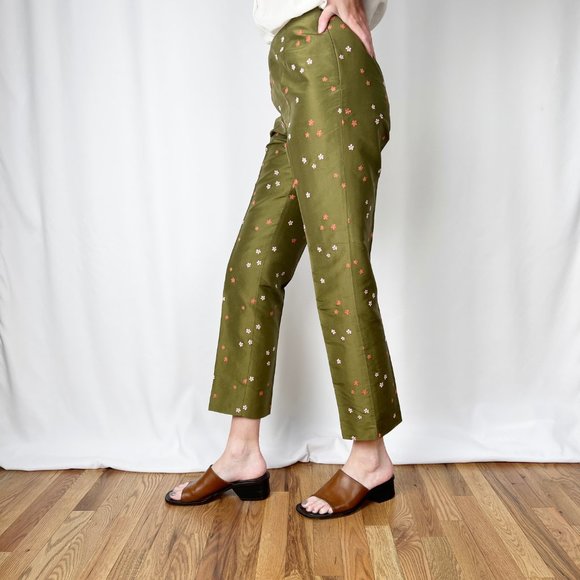 Vintage 100% Silk Embroidered Floral High Waisted Straight Slim Trouser Pants 4 - Picture 5 of 6
